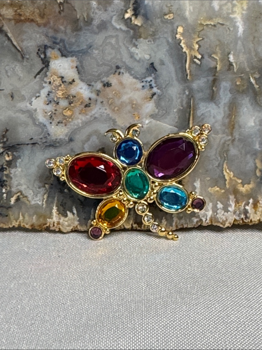 Gold-Tone Multicolor Crystal Butterfly Brooch - Unbranded
